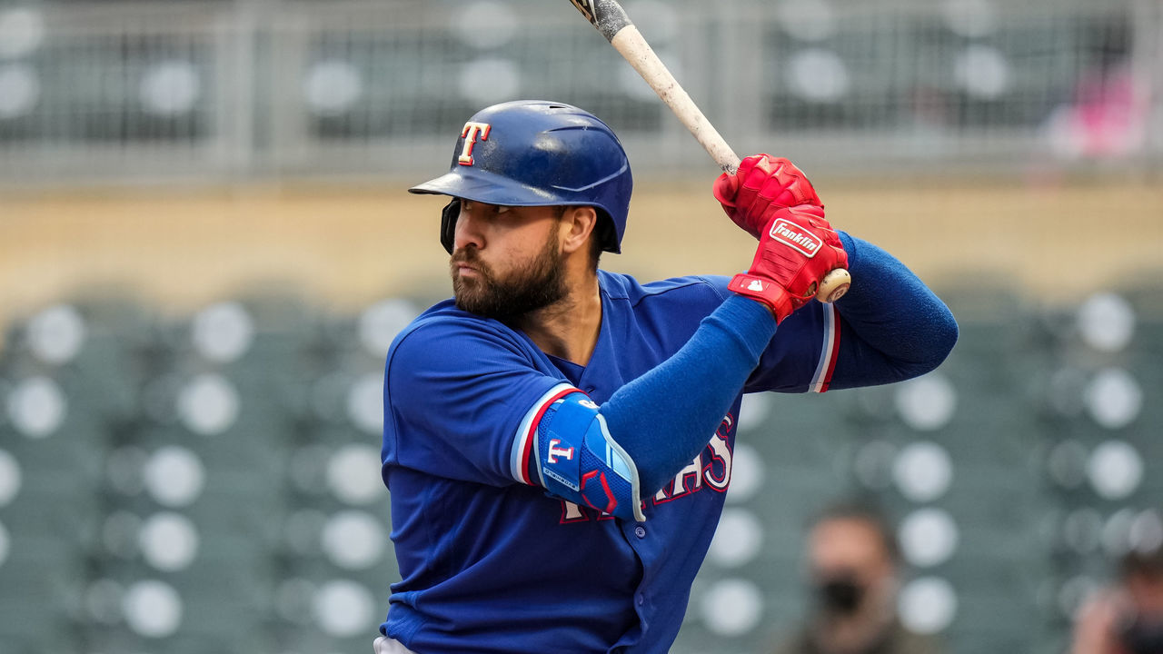 MINNEAPOLIS, MN - MAY 03: Joey Gallo #13 of the Texas Rangers bats against the Minnesota Twins on May 3, 2021 at Target Field in Minneapolis, Minnesota.