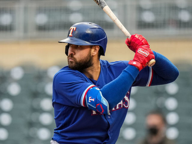 MINNEAPOLIS, MN - MAY 03: Joey Gallo #13 of the Texas Rangers bats against the Minnesota Twins on May 3, 2021 at Target Field in Minneapolis, Minnesota.