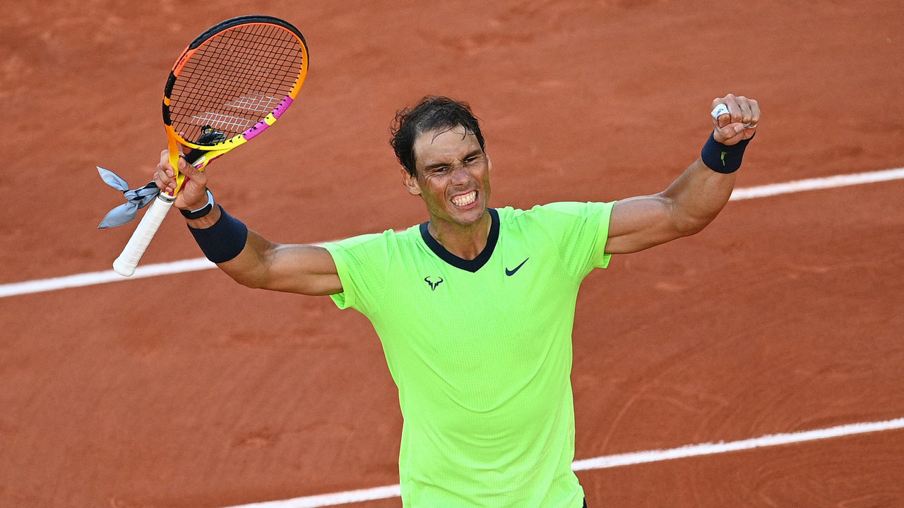 Spain's Rafael Nadal celebrates after winning against Italy's Jannik Sinner during their men's singles fourth round tennis match at Court Suzanne Lenglen on Day 9 of The Roland Garros 2021 French Open tennis tournament in Paris on June 7, 2021.