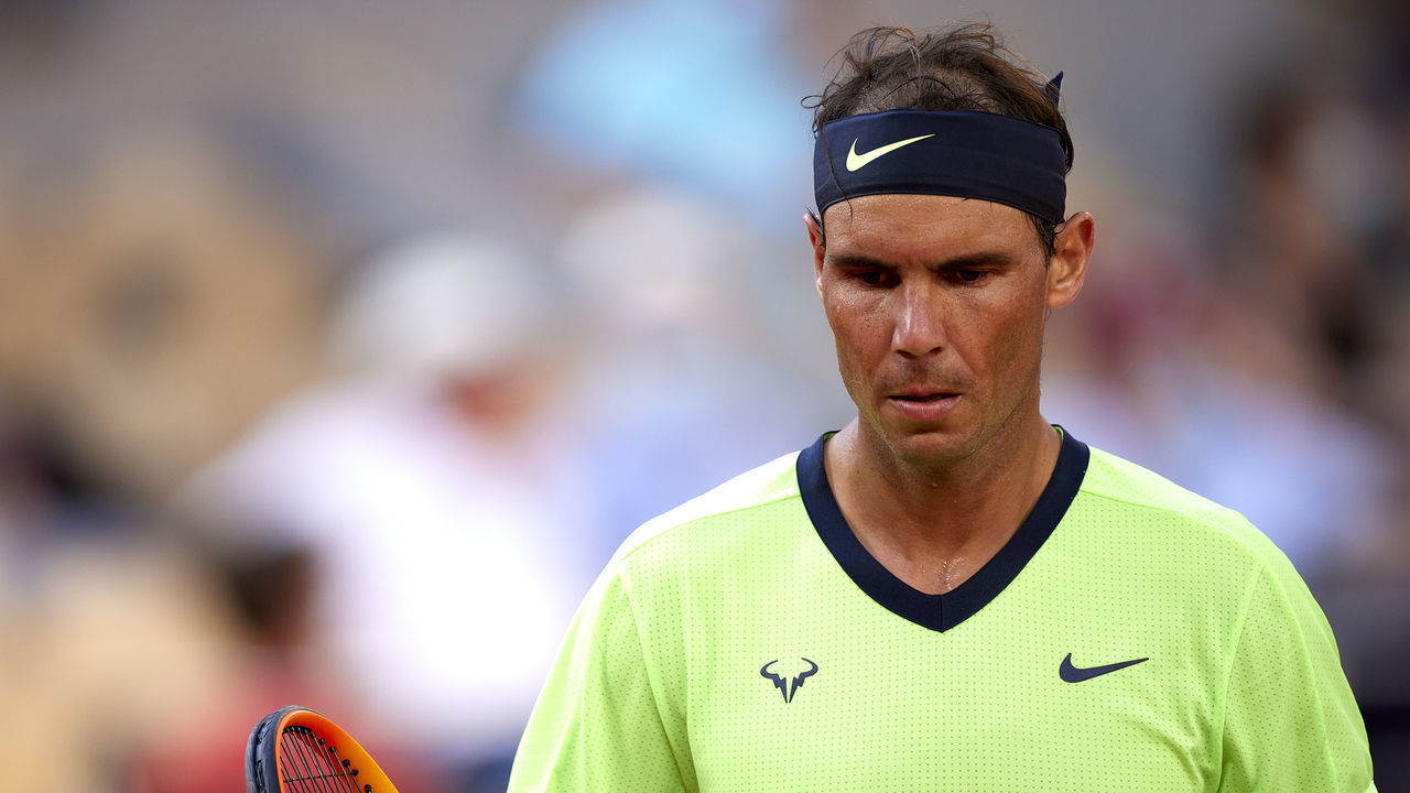 PARIS, FRANCE - JUNE 07: Rafael Nadal of Spain looks on in his Fourth Round match against Jannik Sinner of Italy during day nine of the 2021 French Open at Roland Garros on June 07, 2021 in Paris, France.