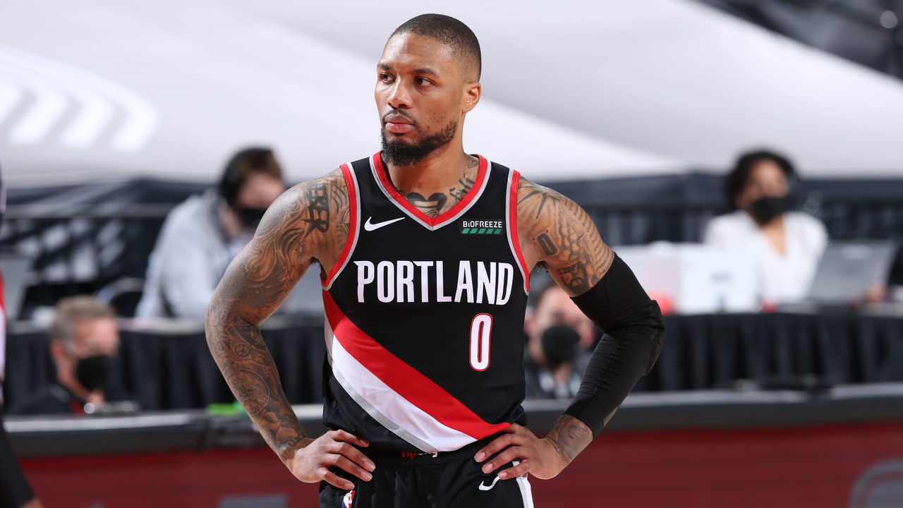 PORTLAND, OR - MAY 29: Damian Lillard #0 of the Portland Trail Blazers looks on during the game DN/ on May 29, 2021 at the Moda Center Arena in Portland, Oregon. Mandatory Copyright Notice: Copyright 2021 NBAE