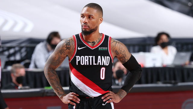 PORTLAND, OR - MAY 29: Damian Lillard #0 of the Portland Trail Blazers looks on during the game DN/ on May 29, 2021 at the Moda Center Arena in Portland, Oregon. Mandatory Copyright Notice: Copyright 2021 NBAE