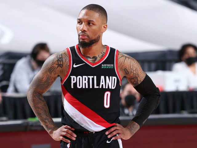 PORTLAND, OR - MAY 29: Damian Lillard #0 of the Portland Trail Blazers looks on during the game DN/ on May 29, 2021 at the Moda Center Arena in Portland, Oregon. Mandatory Copyright Notice: Copyright 2021 NBAE
