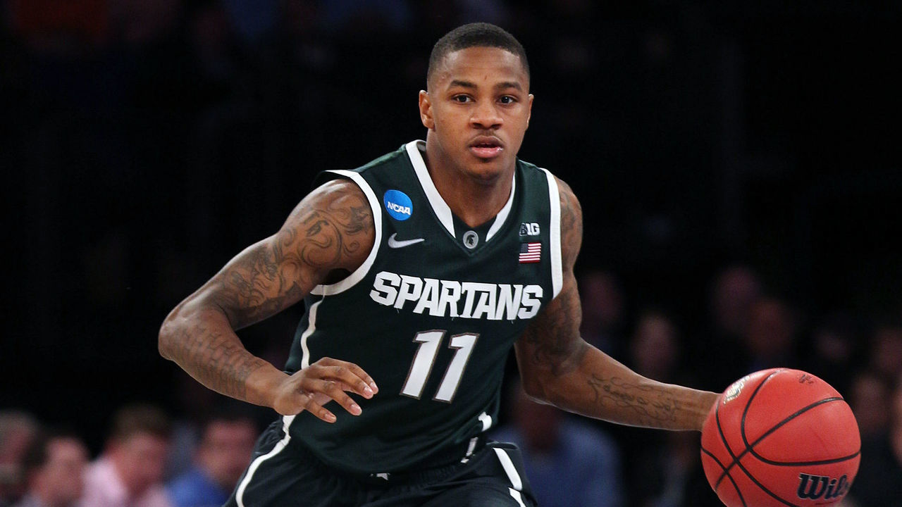 Keith Appling, Michigan State, in action during the Virginia Cavaliers Vs Michigan State Spartans basketball game during the 2014 NCAA Division 1 Men's Basketball Championship, East Regional at Madison Square Garden, New York, USA. 28th March 2014. Photo Tim Clayton