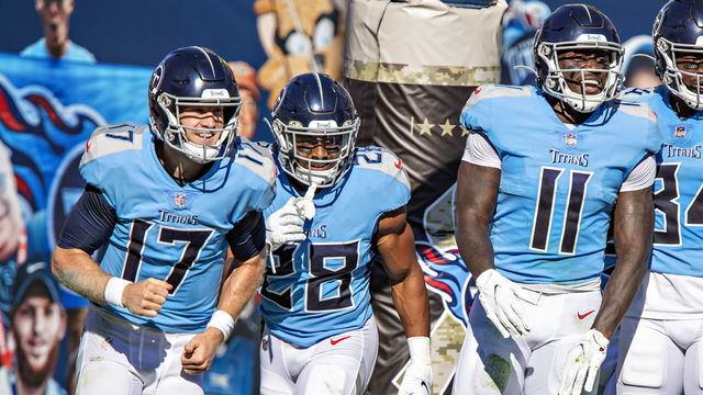 NASHVILLE, TENNESSEE - NOVEMBER 08: Ryan Tannehill #17 and A.J. Brown #11 of the Tennessee Titans celebrate after a touchdown during a game against the Chicago Bears at Nissan Stadium on November 08, 2020 in Nashville, Tennessee. The Titans defeated the Bears 24-17.