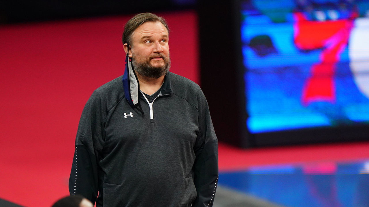 Basketball: Philadelphia 76ers President of Basketball Operations Daryl Morey courtside during game vs Utah Jazz at Wells Fargo Center. Morey with mask hanging from ear. Philadelphia, PA 3/3/2021 CREDIT: Erick W. Rasco