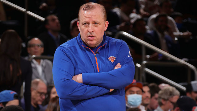 NEW YORK, NY - JUNE 2: Head Coach Tom Thibodeau of the New York Knicks looks on during Round 1, Game 5 of the 2021 NBA Playoffs on June 2, 2021 at Madison Square Garden in New York City, New York. Mandatory Copyright Notice: Copyright 2021 NBAE