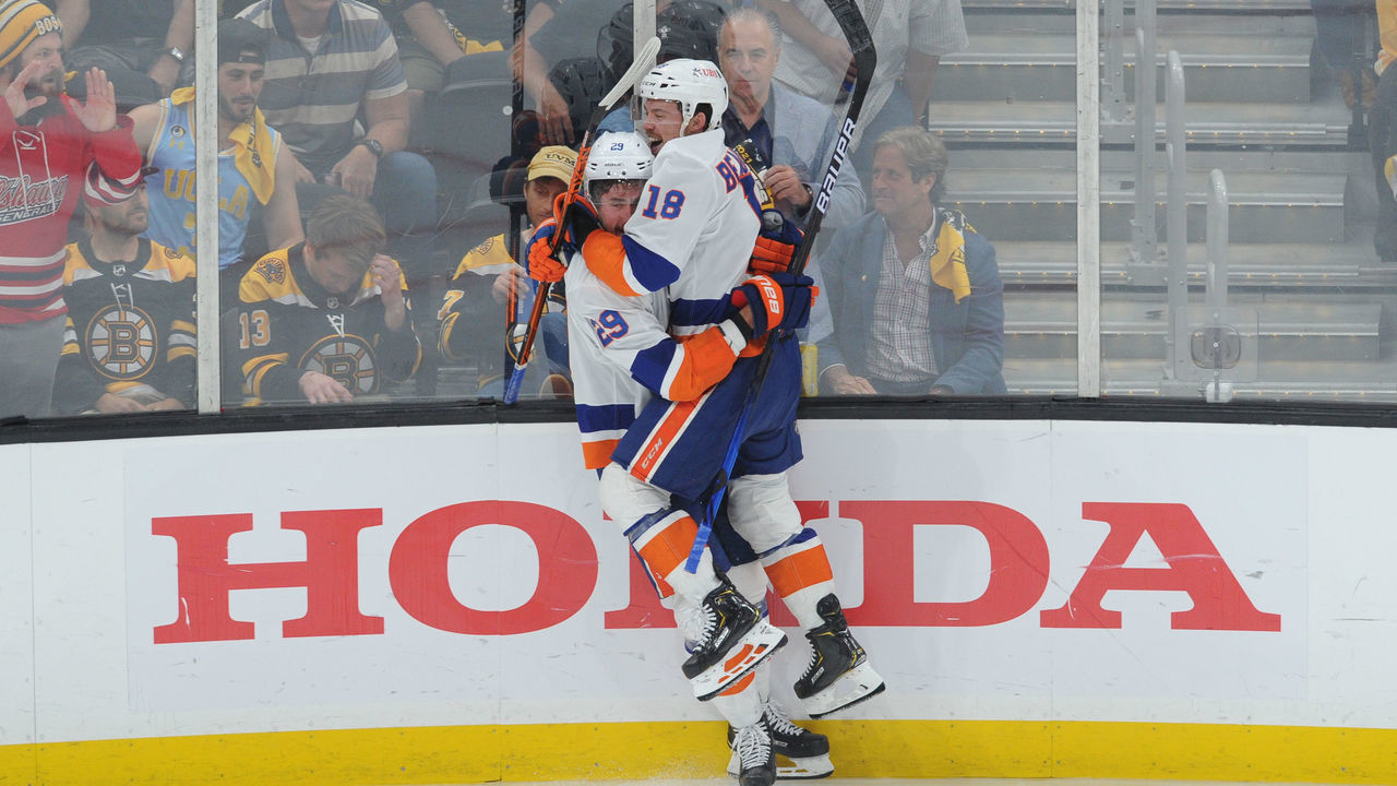 BOSTON, MA - JUNE 7: Brock Nelson #29 and Anthony Beauvillier #18 of the New York Islanders react to the third period goal against the Boston Bruins in Game Five of the Second Round of the 2021 Stanley Cup Playoffs at the TD Garden on June 7, 2021 in Boston, Massachusetts.
