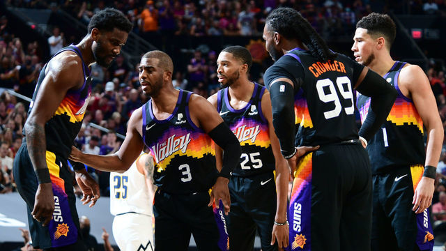 PHOENIX, AZ - JUNE 7: Chris Paul #3 of the Phoenix Suns talks to teammates during the game against the Denver Nuggets during Round 2, Game 1 of the 2021 NBA Playoffs on June 7, 2021 at Talking Stick Resort Arena in Phoenix, Arizona. Mandatory Copyright Notice: Copyright 2021 NBAE