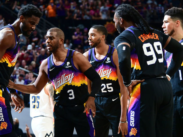 PHOENIX, AZ - JUNE 7: Chris Paul #3 of the Phoenix Suns talks to teammates during the game against the Denver Nuggets during Round 2, Game 1 of the 2021 NBA Playoffs on June 7, 2021 at Talking Stick Resort Arena in Phoenix, Arizona. Mandatory Copyright Notice: Copyright 2021 NBAE
