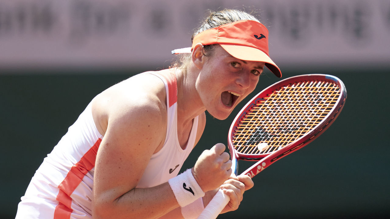 PARIS, FRANCE - JUNE 08: Tamara Zidansek of Slovenia celebrates a point in her Quarter Final match against Paula Badosa of Spain during day ten of the 2021 French Open at Roland Garros on June 08, 2021 in Paris, France.