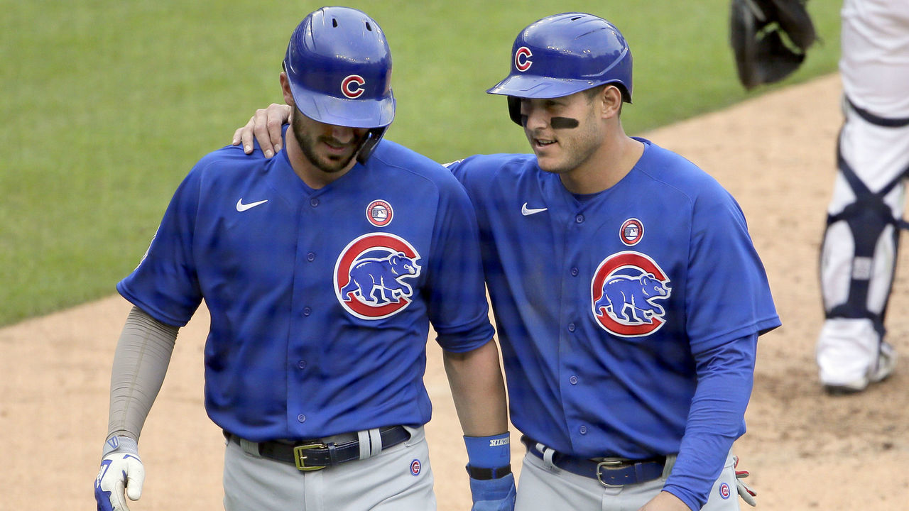 DETROIT, MI - MAY 15: Kris Bryant #17 of the Chicago Cubs talks with Anthony Rizzo #44 of the Chicago Cubs after they scored against the Detroit Tigers on a home run hit by Matt Duffy at Comerica Park on May 15, 2021, in Detroit, Michigan.