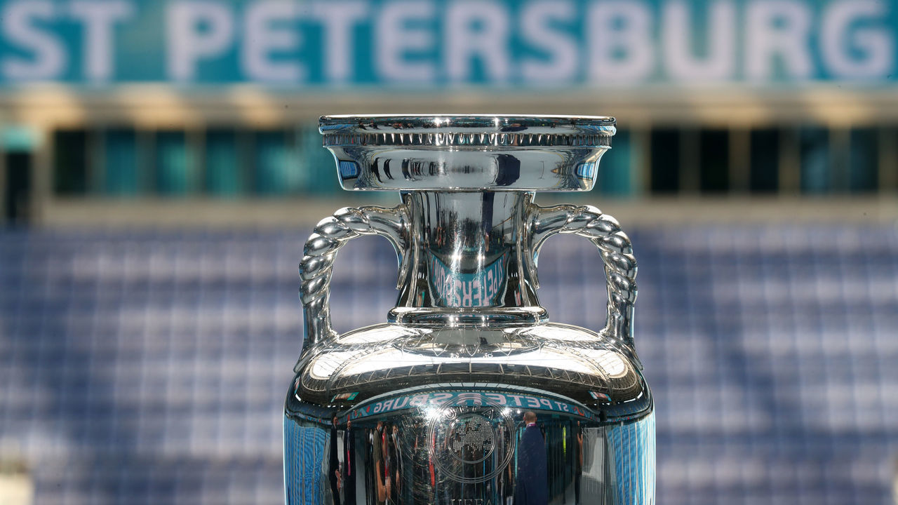 ST PETERSBURG, RUSSIA MAY 22, 2021: The UEFA European Championship trophy is on display at Saint Petersburg Stadium (also known as Krestovsky Stadium or Gazprom Arena), one of the venues of the forthcoming 2020 UEFA European Football Championship (UEFA Euro 2020). The tournament, which was originally scheduled to take place in 2020, has been postponed due to the COVID-19 pandemic and rescheduled to be held from 11 June to 11 July 2021. St Petersburg, one of the UEFA Euro 202 host cities, is to host group stage and quarterfinal matches. Peter Kovalev/TASS