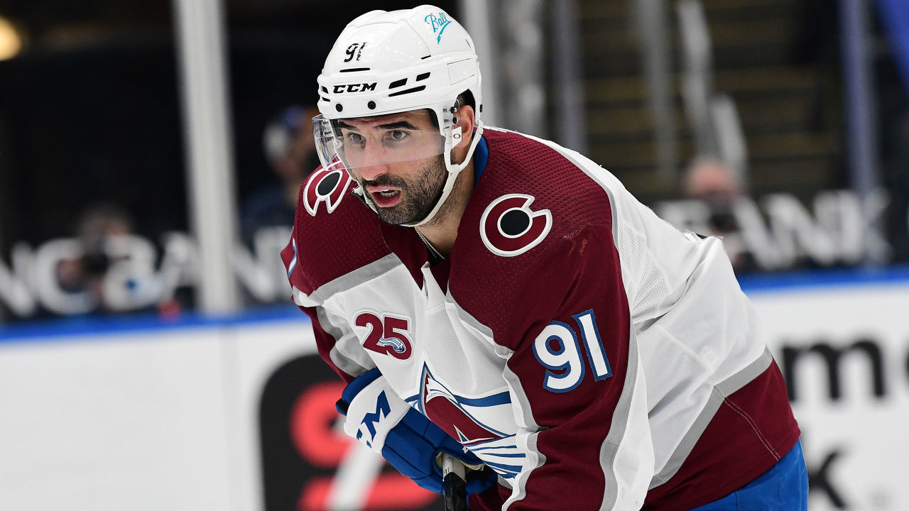 ST. LOUIS, MO - APRIL 22: Colorado Avalanche centerman Nazem Kadri (91) during a NHL game between the Colorado Avalanche and the St. Louis Blues on April 22, 2021, at Enterprise Center, St. Louis, Mo. ,