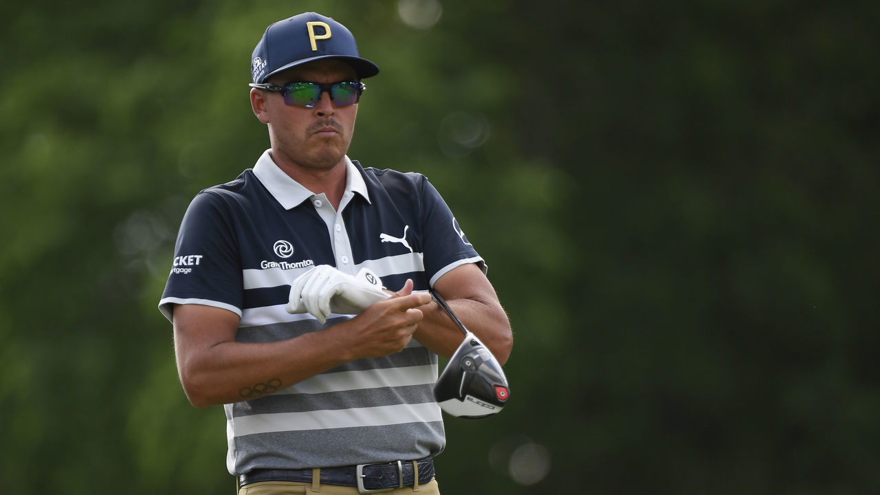 DUBLIN, OHIO - JUNE 05: Rickie Fowler tees off on the 18th hole during the third round of the Memorial Tournament presented by Nationwide at Muirfield Village Golf Club on June 5, 2021 in Dublin, Ohio.