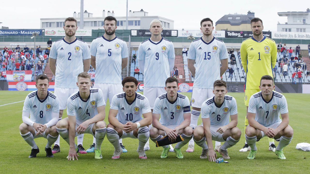 LUXEMBOURG, LUXEMBOURG - JUNE 06: Scotland's team line up during a friendly match between Luxembourg and Scotland at the Stade Josy Barthel on June 06, 2021, in Luxembourg, Scotland. Back Row: Stephen O'Donnell, Grant Hanley, Lyndon Dykes, Declan Gallagher, David Marshall. Front Row: Callum McGregor, Scott McTominay, Che Adams, Andy Robertson, Keiran Tierney and John McGinn.