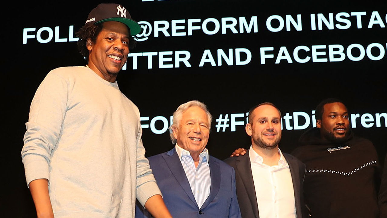 NEW YORK, NY - JANUARY 23: Shawn 'Jay-Z' Carter, Robert Kraft, Meek Mill and Michael Rubin attend Criminal Justice Reform Organization Launch at Gerald W. Lynch Theater on January 23, 2019 in New York City.