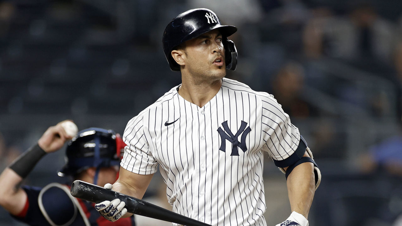 NEW YORK, NY - JUNE 6: Giancarlo Stanton #27 of the New York Yankees reacts after striking out against the Boston Red Sox during the eighth inning at Yankee Stadium on June 6, 2021 in the Bronx borough of New York City. The Red Sox won 6-5 in ten innings.