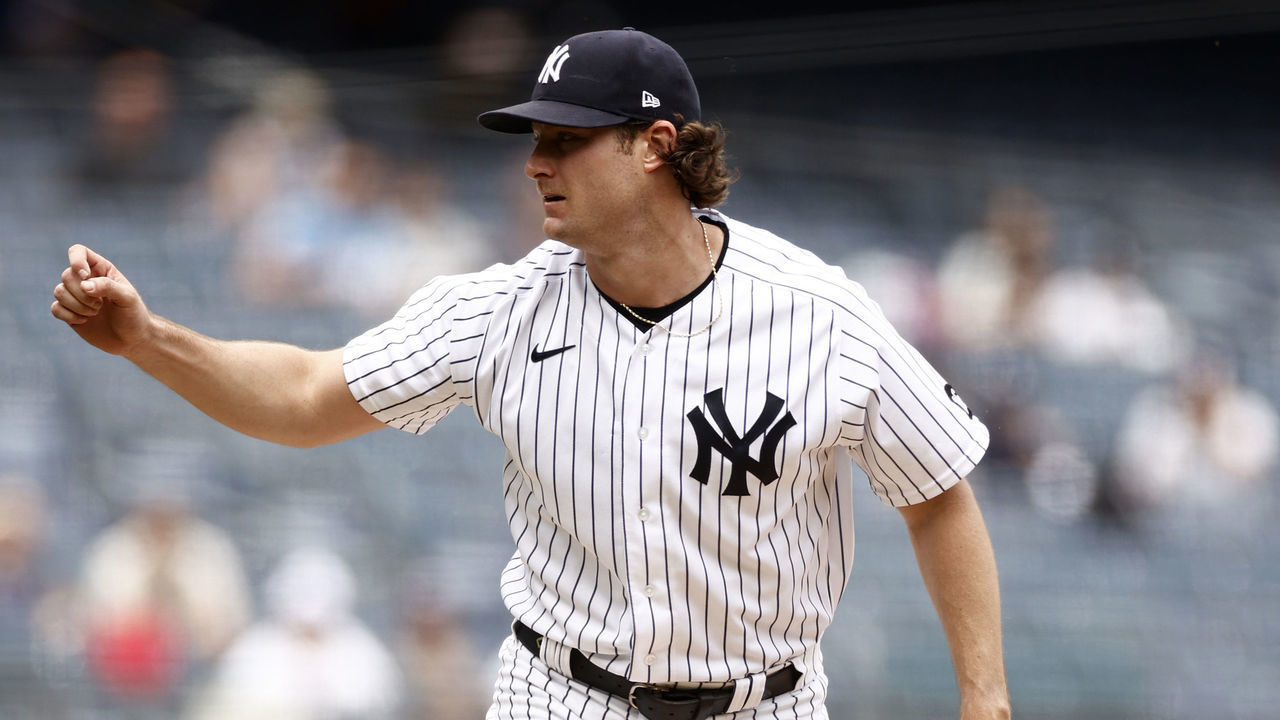 NEW YORK, NY - JUNE 3: Gerrit Cole #45 of the New York Yankees pitches against the Tampa Bay Rays during the first inning at Yankee Stadium on June 3, 2021 in the Bronx borough of New York City.
