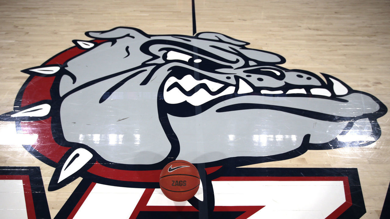 SPOKANE, WASHINGTON - FEBRUARY 20: A basketball sets on the court next to the Bulldogs logo prior to the start of the game between the San Francisco Dons and the Gonzaga Bulldogs at McCarthey Athletic Center on February 20, 2020 in Spokane, Washington.