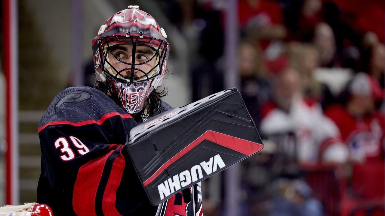 RALEIGH, NC - JUNE 1: Alex Nedeljkovic #39 of the Carolina Hurricanes prepares for a face-off in Game Two of the Second Round of the 2021 Stanley Cup Playoffs against the Tampa Bay Lightning on June 1, 2021 at PNC Arena in Raleigh, North Carolina.