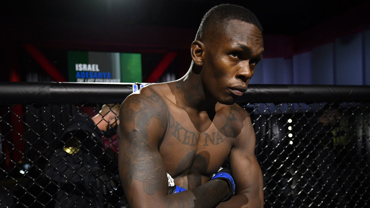 LAS VEGAS, NEVADA - MARCH 06: Israel Adesanya of Nigeria prepares to fight Jan Blachowicz of Poland in their UFC light heavyweight championship fight during the UFC 259 event at UFC APEX on March 06, 2021 in Las Vegas, Nevada.