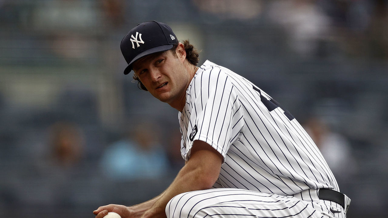 NEW YORK, NY - JUNE 3: Gerrit Cole #45 of the New York Yankees reacts against the Tampa Bay Rays during the fourth inning at Yankee Stadium on June 3, 2021 in the Bronx borough of New York City.