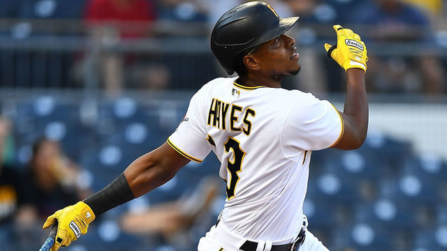PITTSBURGH, PA - JUNE 04: Ke'Bryan Hayes #13 of the Pittsburgh Pirates watches his two-run home run during the first inning against the Miami Marlins at PNC Park on June 4, 2021 in Pittsburgh, Pennsylvania.