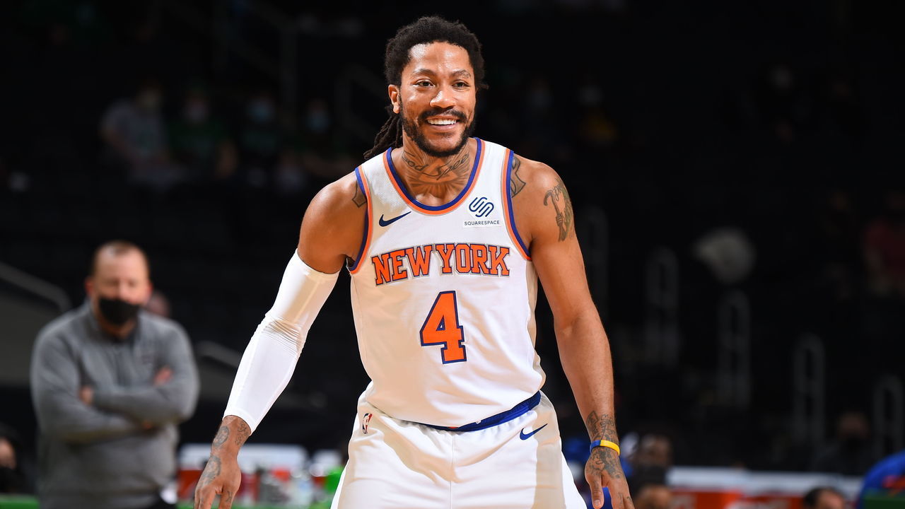 BOSTON, MA - APRIL 7: Derrick Rose #4 of the New York Knicks smiles during the game against the Boston Celtics on April 7, 2021 at the TD Garden in Boston, Massachusetts. Mandatory Copyright Notice: Copyright 2021 NBAE