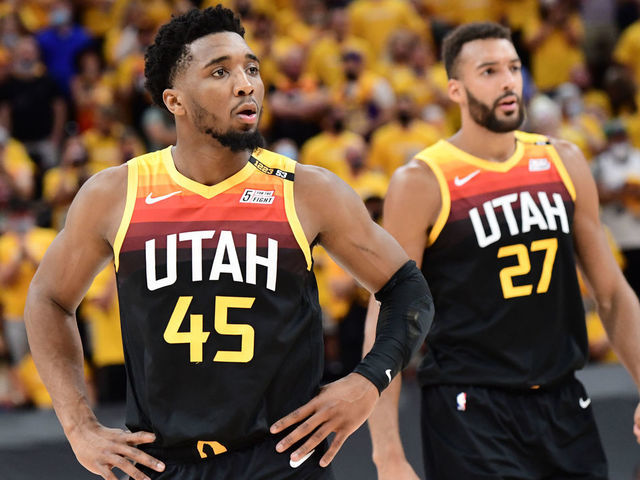 Utah Jazz's Donovan Mitchell (45) and Bojan Bogdanovic, rear