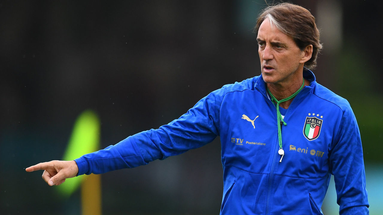 FLORENCE, ITALY - JUNE 08: Head coach Italy Roberto Mancini reacts during a Italy training session at Centro Tecnico Federale di Coverciano on June 08, 2021 in Florence, Italy.