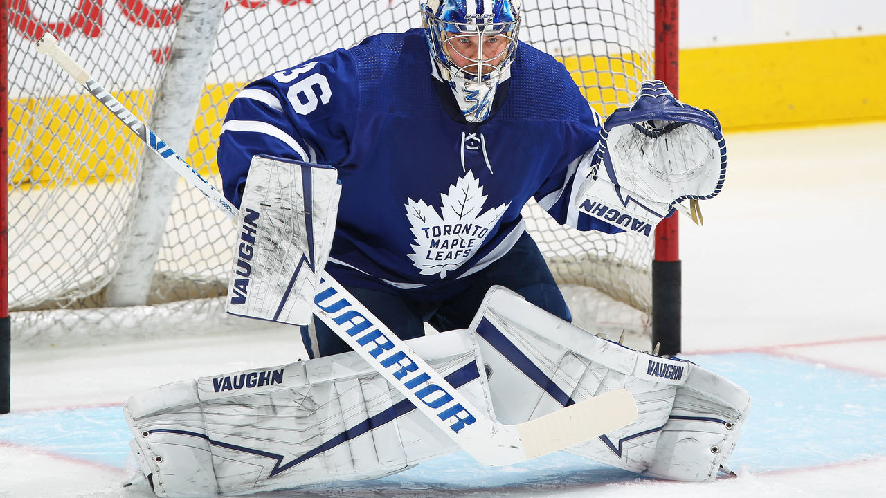 TORONTO, ON - APRIL 7: Jack Campbell #36 of the Toronto Maple Leafs warms up prior to playing against the Montreal Canadiens in an NHL game at Scotiabank Arena on April 7, 2021 in Toronto, Ontario, Canada.
