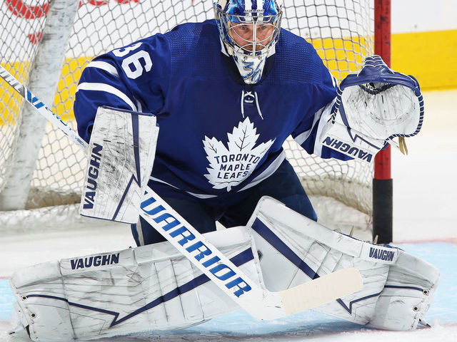 TORONTO, ON - APRIL 7: Jack Campbell #36 of the Toronto Maple Leafs warms up prior to playing against the Montreal Canadiens in an NHL game at Scotiabank Arena on April 7, 2021 in Toronto, Ontario, Canada.
