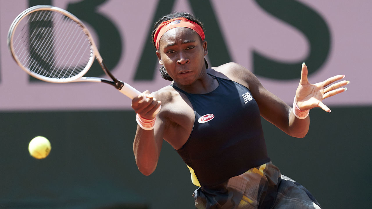 PARIS, FRANCE - JUNE 09: Coco Gauff of The United States of America plays a forehand shot in her Quarter Final match against Barbora Krejcikova of Czech Republic during day eleven of the 2021 French Open at Roland Garros on June 09, 2021 in Paris, France.