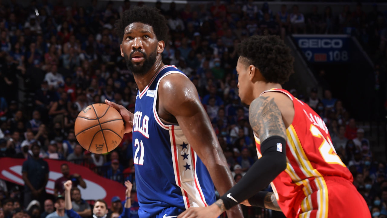 PHILADELPHIA, PA - JUNE 8: Joel Embiid #21 of the Philadelphia 76ers handles the ball against the Atlanta Hawks during Round 2, Game 2 of the Eastern Conference Playoffs on June 8, 2021 at Wells Fargo Center in Philadelphia, Pennsylvania. NOTE TO USER: User expressly acknowledges and agrees that, by downloading and/or using this Photograph, user is consenting to the terms and conditions of the Getty Images License Agreement. Mandatory Copyright Notice: Copyright 2021 NBAE