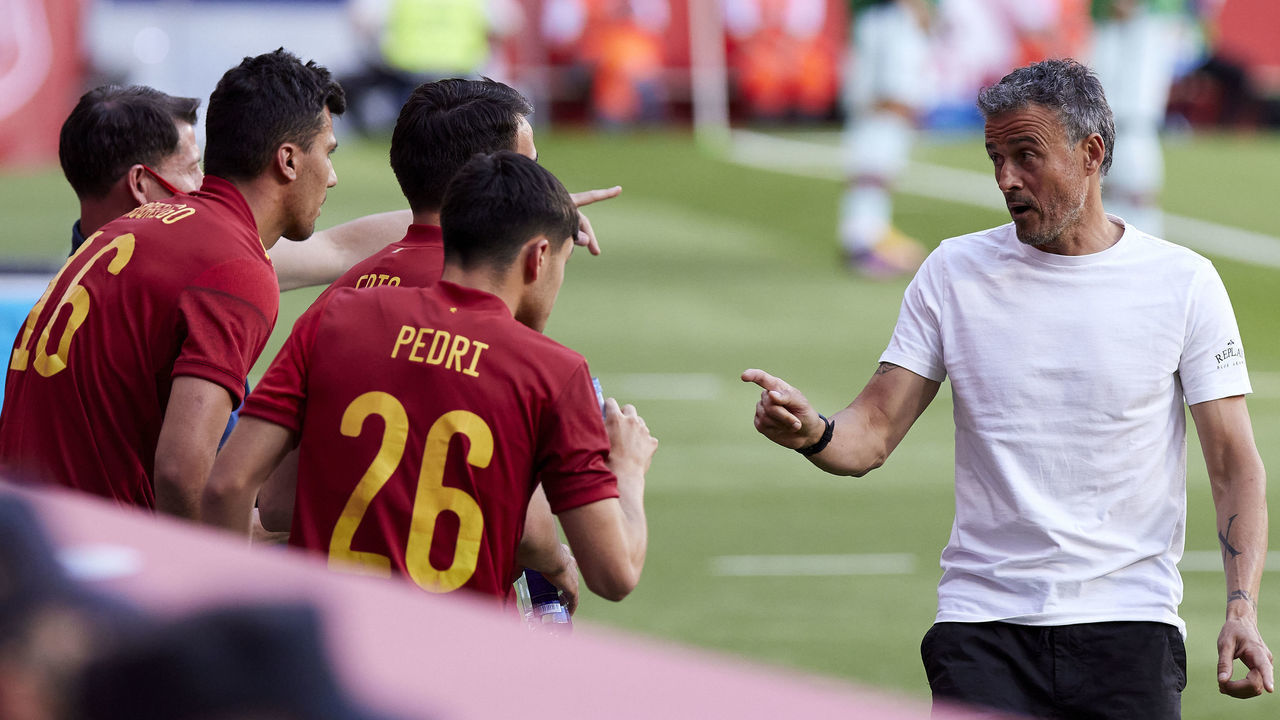 MADRID, SPAIN - JUNE 04: (BILD ZEITUNG OUT) head coach Luis Enrique Martinez of Spain speak during the international friendly match between Spain and Portugal at Estadio Metropolitano on June 4, 2021 in Madrid, Spain.