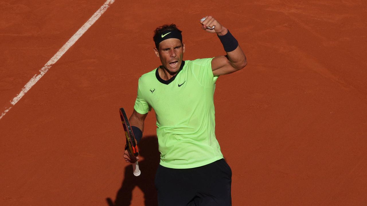 PARIS, FRANCE - JUNE 09: Rafael Nadal of Spain celebrates a point during his Mens Singles Quarter-Final match against Diego Schwartzman of Argentina during Day Eleven of the 2021 French Open at Roland Garros on June 09, 2021 in Paris, France.