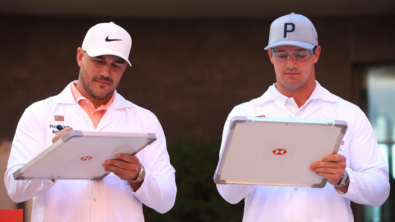 ABU DHABI, UNITED ARAB EMIRATES - JANUARY 14: Brooks Koepka and Bryson DeChambeau attend the launch The Abu Dhabi HSBC Championship Presented by EGA at Masdar City - a unique ‘city of the future’ in the United Arab Emirates on January 14, 2020 in Abu Dhabi, United Arab Emirates.