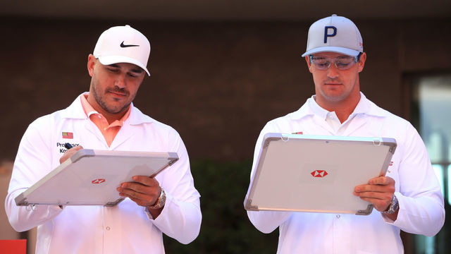 ABU DHABI, UNITED ARAB EMIRATES - JANUARY 14: Brooks Koepka and Bryson DeChambeau attend the launch The Abu Dhabi HSBC Championship Presented by EGA at Masdar City - a unique ‘city of the future’ in the United Arab Emirates on January 14, 2020 in Abu Dhabi, United Arab Emirates.