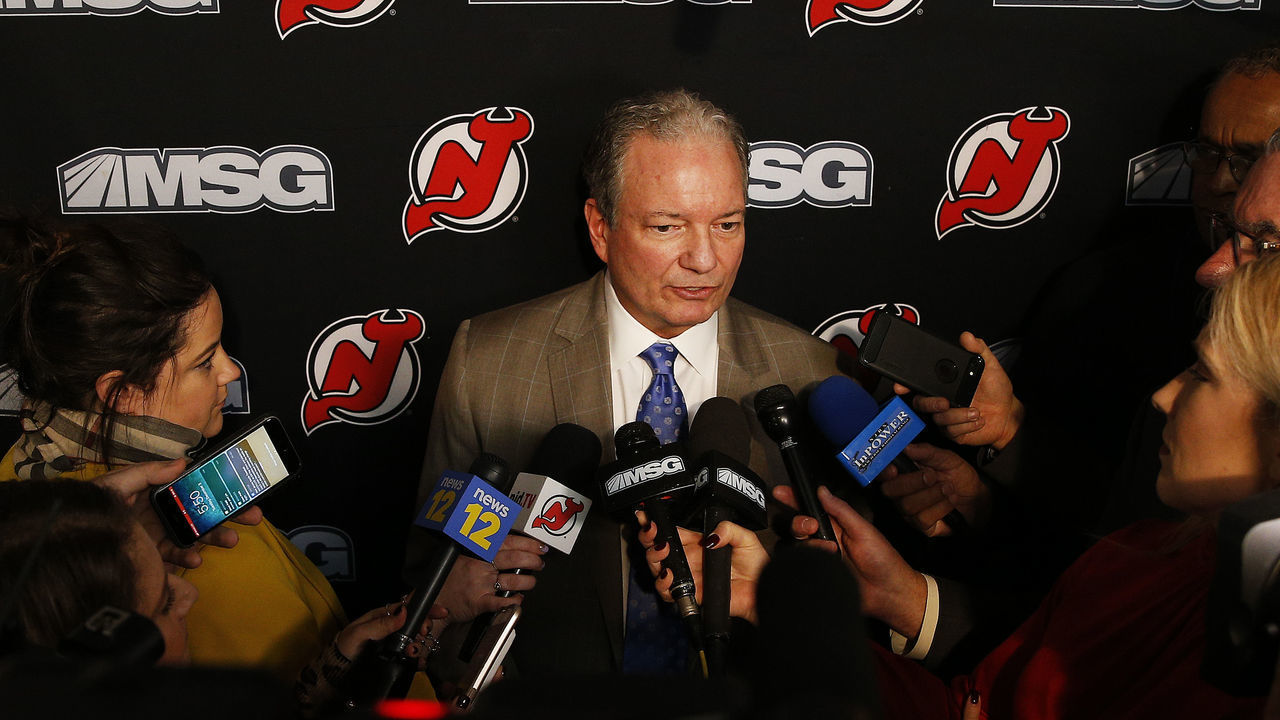 NEWARK, NJ - DECEMBER 3: New Jersey Devils GM Ray Shero addresses the media after the firing of head coach John Hynes prior to the game against the Vegas Golden Knights the game at the Prudential Center on December 3, 2019 in Newark, New Jersey.