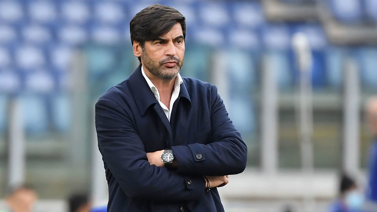 STADIO OLIMPICO , ROME, ITALY - 2021/04/22: Paulo Fonseca coach of AS Roma reacts during the Serie A football match between AS Roma and Atalanta BC. AS Roma and Atalanta BC drew 1-1.