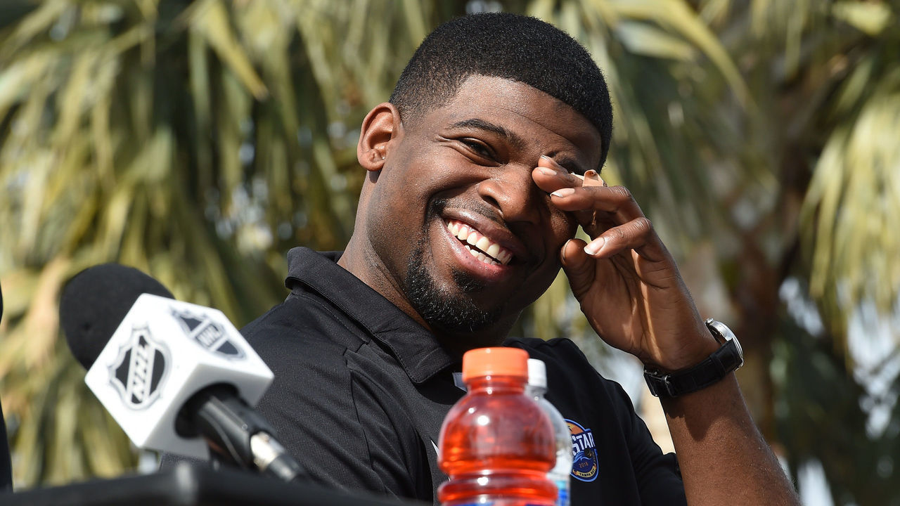TAMPA, FL - JANUARY 27: P.K. Subban #76 of the Nashville Predators addresses the media during Media Day for the 2018 NHL All-Star at the Grand Hyatt Hotel on January 27, 2018 in Tampa, Florida.