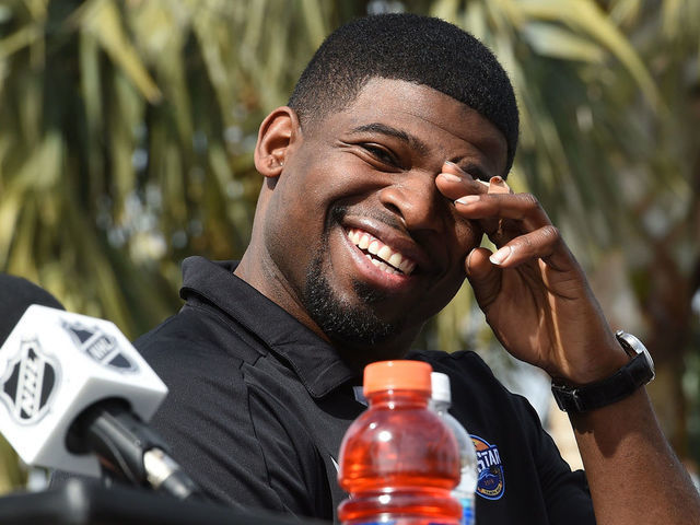 TAMPA, FL - JANUARY 27: P.K. Subban #76 of the Nashville Predators addresses the media during Media Day for the 2018 NHL All-Star at the Grand Hyatt Hotel on January 27, 2018 in Tampa, Florida.