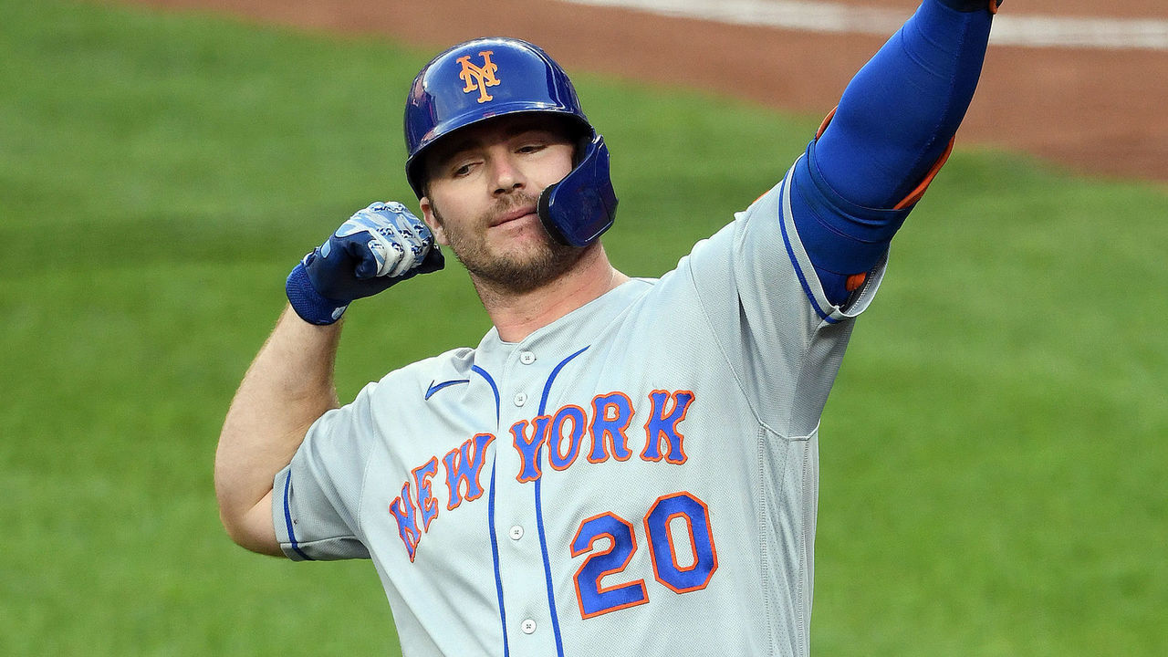 BALTIMORE, MD - JUNE 08: Pete Alonso #20 of the New York Mets celebrates a two-run home run in the first inning during a baseball game against the New York Mets at Oriole Park at Camden Yards on June 8, 2021 in Baltimore, Maryland.
