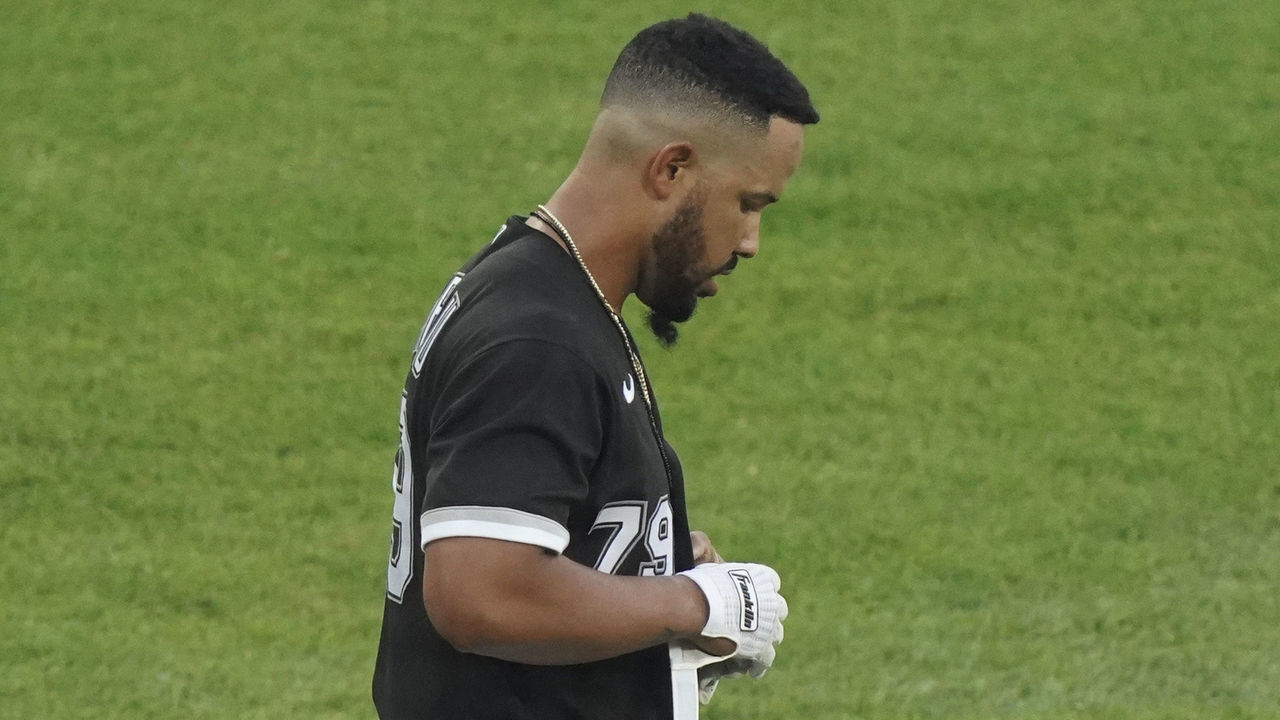 CHICAGO, ILLINOIS - JUNE 08: Jose Abreu #79 of the Chicago White Sox reacts after striking out during the first inning of a game against the Toronto Blue Jays at Guaranteed Rate Field on June 08, 2021 in Chicago, Illinois.