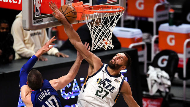 Los Angeles, CA - February 17: Rudy Gobert #27 of the Utah Jazz blocks a shot by Ivica Zubac #40 of the LA Clippers in the fourth quarter of a NBA basketball game at the Staples Center in Los Angeles on Wednesday, February 17, 2021.