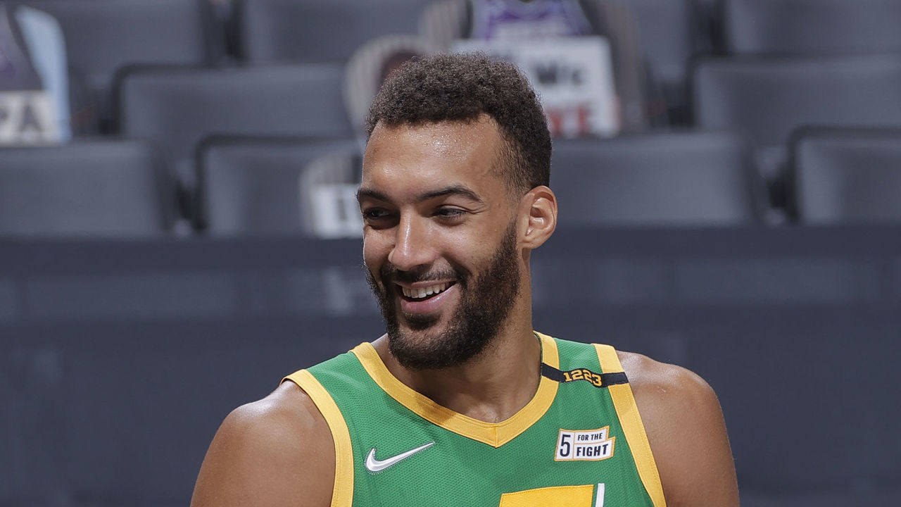SACRAMENTO, CA - MAY 16: Rudy Gobert #27 of the Utah Jazz smiles during the game against the Sacramento Kings on May 16, 2021 at Golden 1 Center in Sacramento, California. Mandatory Copyright Notice: Copyright 2021 NBAE