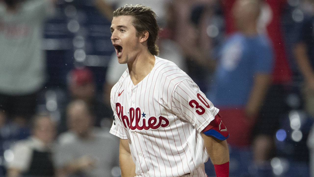 PHILADELPHIA, PA - JUNE 09: Luke Williams #30 of the Philadelphia Phillies reacts after hitting a walk-off two run home run in the bottom of the ninth inning against the Atlanta Braves at Citizens Bank Park on June 9, 2021 in Philadelphia, Pennsylvania. The Philadelphia Phillies defeated the Braves 2-1.