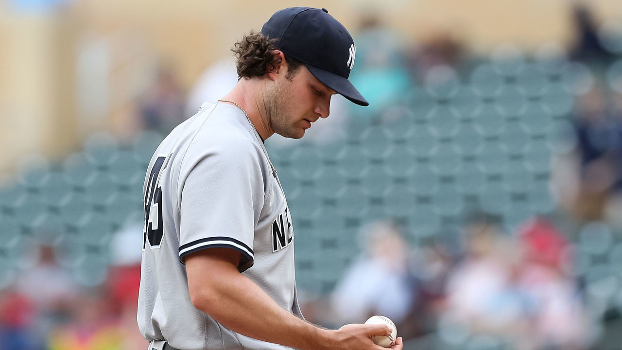 MINNEAPOLIS, MN - JUNE 9: Gerrit Cole #45 of the New York Yankees prepares to pitch against the Minnesota Twins in the first inning of the game at Target Field on June 9, 2021 in Minneapolis, Minnesota.