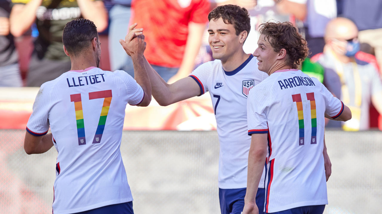 DENVER, CO - JUNE 09: United States forward Gio Reyna (7) celebrates with forward Brenden Aaronson (11) and midfielder Sebastian Lletget (17) after scoring a goal in action during an international friendly match between the United States and Costa Rica on June 9, 2021, at Rio Tinto Stadium in Sandy, UT.